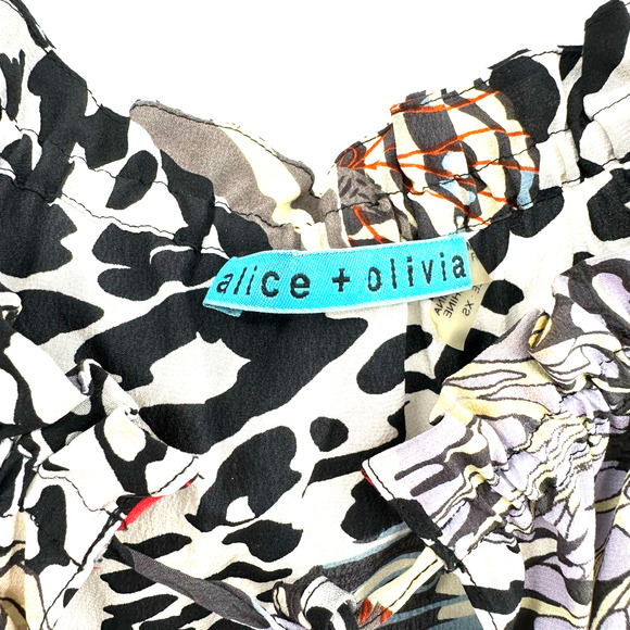 Alice + Olivia size XS silk blouse elbow length sleeves ruffle hem black white - Picture 4 of 6